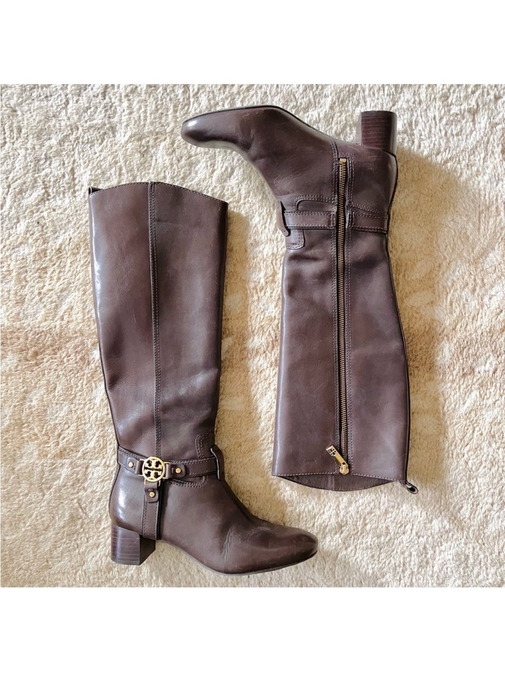 Tory Burch  Donovan Brown Leather Tall Boots with Gold Logo Harness Size 6